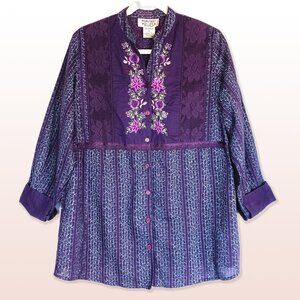 Mainstreet Blues 100% Cotton Purple Lace Embroidered Tunic Shirt Size M